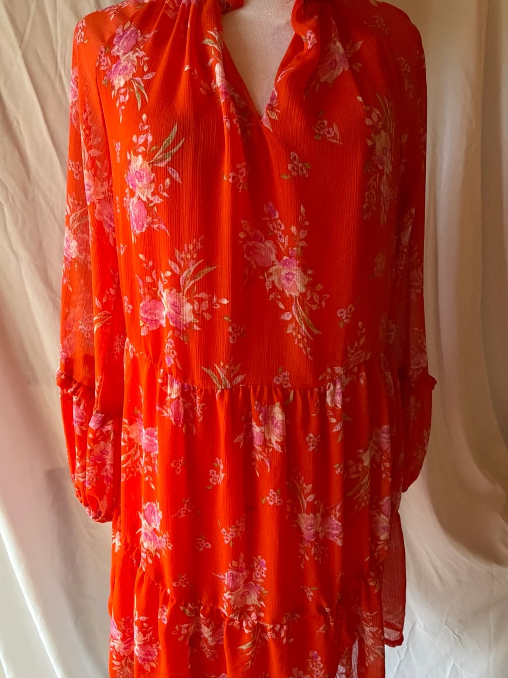 Vince Camuto Bright Orange Floral Tiered Long-Sleeve Dress